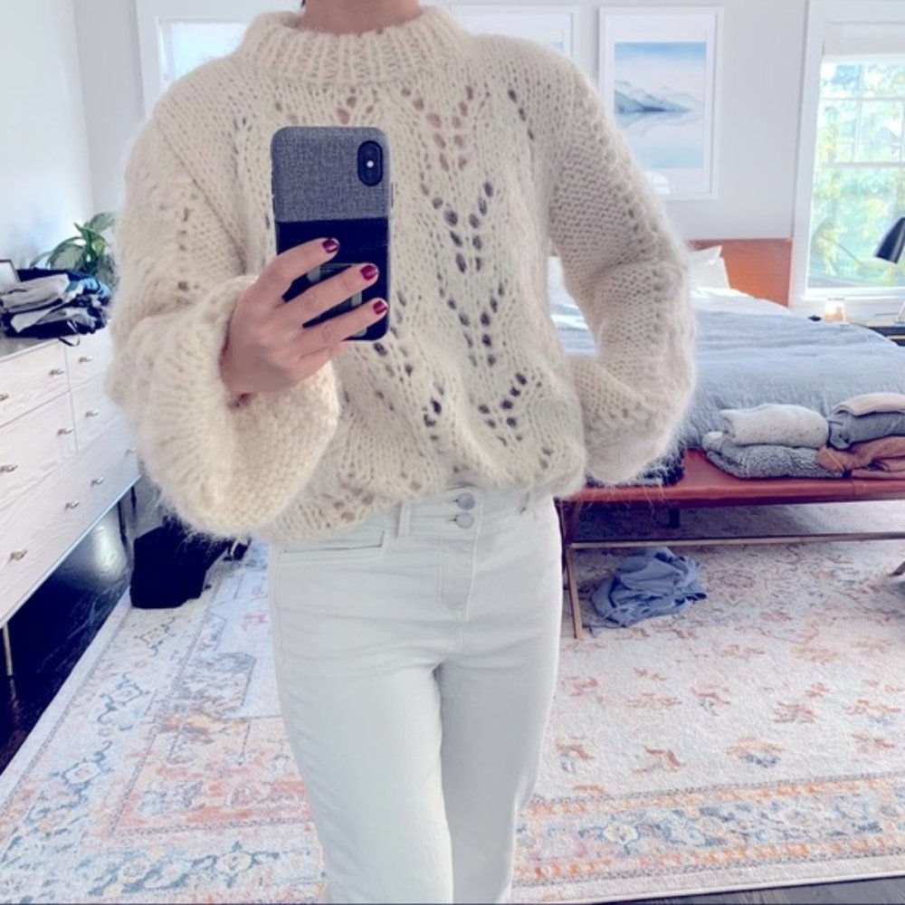 Ganni The Julliard Sweater Egret Mohair Wool Balloon Sleeve Cream Ivory Knit